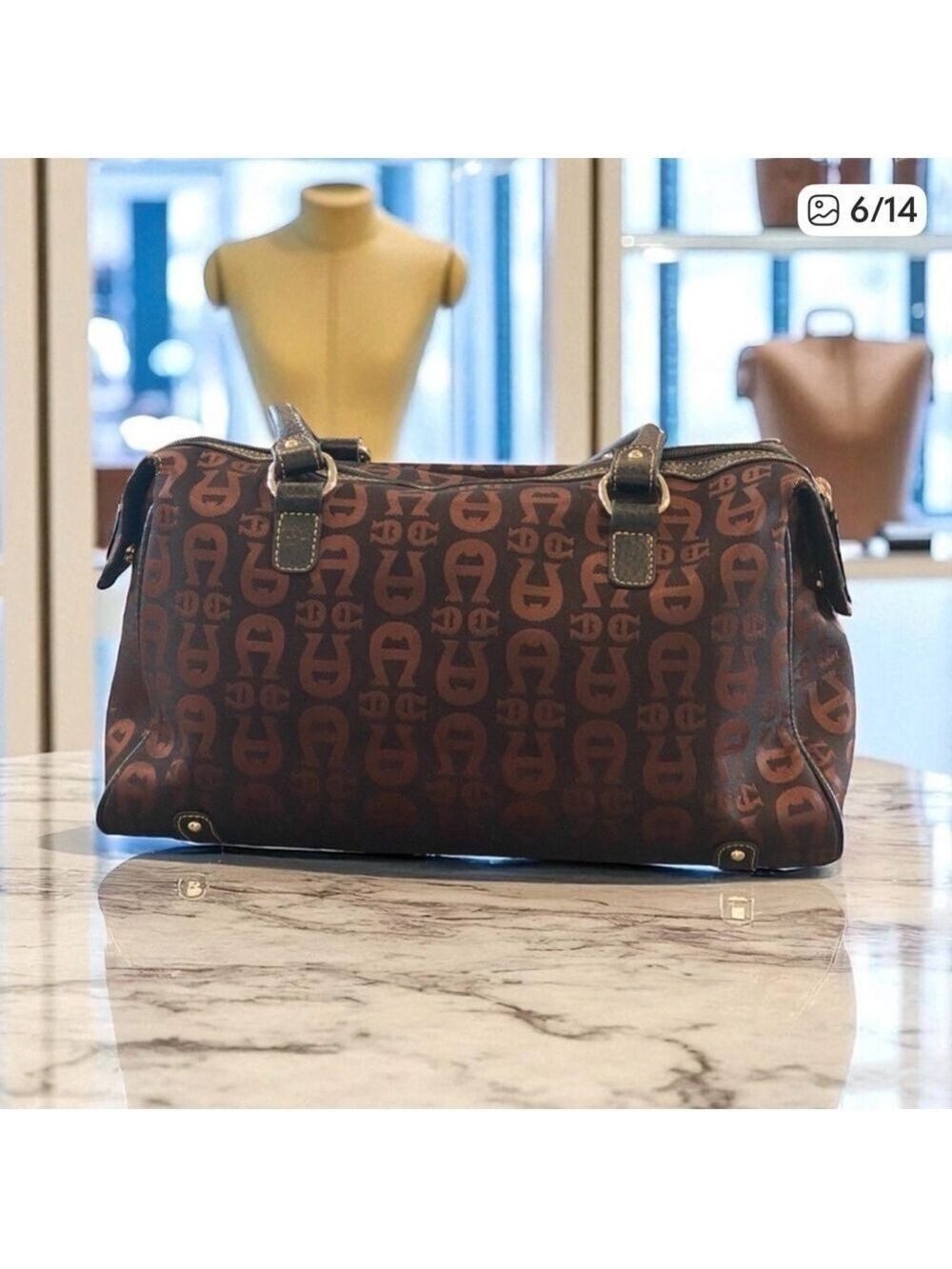 Etienne Aigner Black & Brown Satin Satchel Double Handle Silver Hardware EUC - Picture 8 of 14